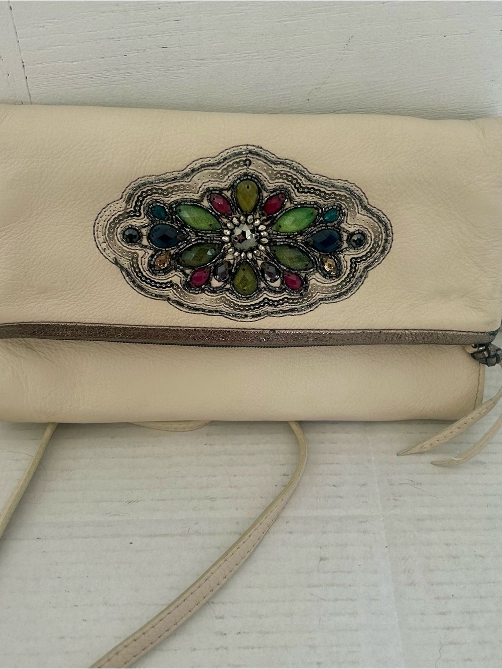 Brighton Cream Clutch with Multicolor Jewel Medallion